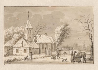 Wintergezicht bij een kerk door Pieter de Goeje