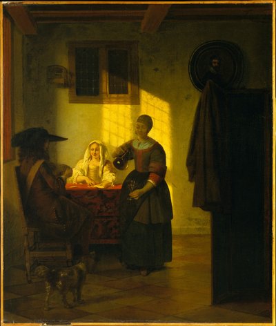 Ein Paar beim Kartenspiel mit einer Dienerin door Pieter de Hooch