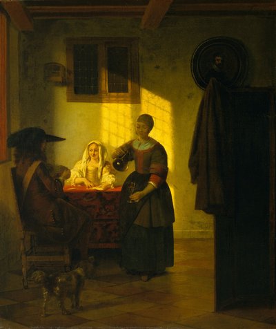 Een stel dat kaarten speelt, met een dienstmeid door Pieter de Hooch