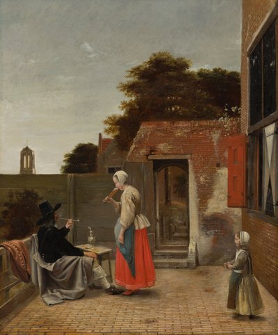Een man die rookt en een vrouw die drinkt in een binnenplaats, ca. 1658-60 door Pieter de Hooch