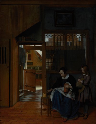 Een vrouw bereidt brood en boter voor een jongen door Pieter de Hooch