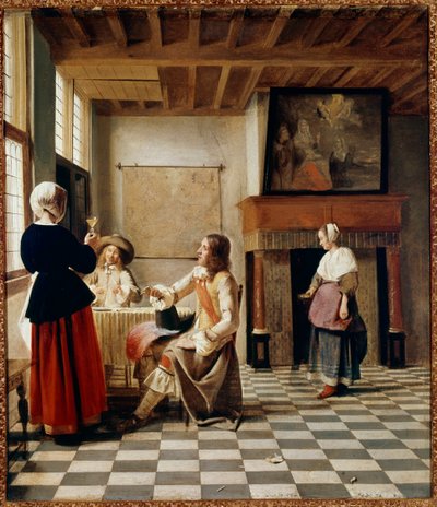 Nederlands Interieur. Een vrouw drinkt met twee mannen aan tafel door Pieter de Hooch
