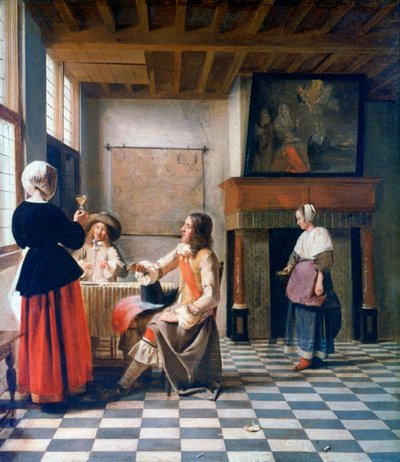 Interieur, Vrouw drinkt met Twee Mannen, en een Dienstmeid, ca. 1658 door Pieter de Hooch