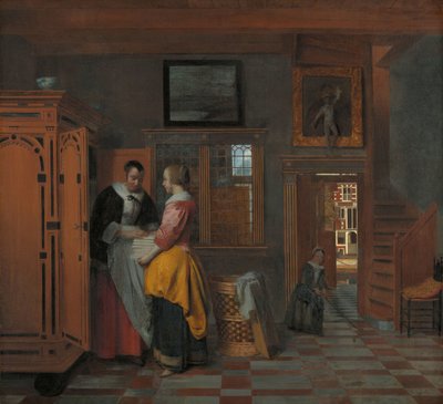 Interieur met vrouwen naast een linnenkast door Pieter de Hooch
