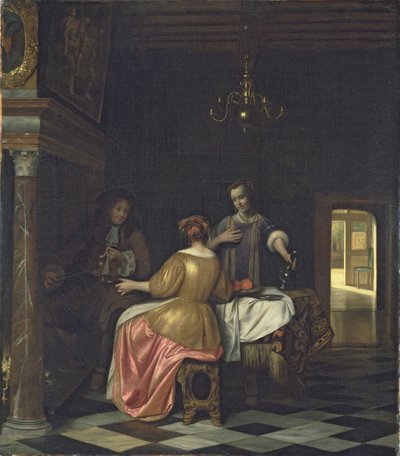 Interieur met een heer en twee dames in gesprek, c.1668-70 door Pieter de Hooch
