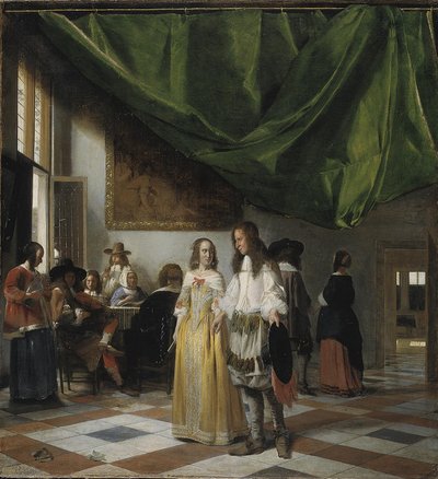 Interieur met een jong stel en mensen die muziek maken door Pieter de Hooch