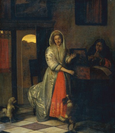 Dame en heer maken muziek met dansende honden door Pieter de Hooch
