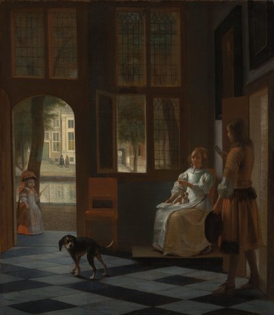 Man geeft een brief aan een vrouw in de hal van een huis door Pieter de Hooch