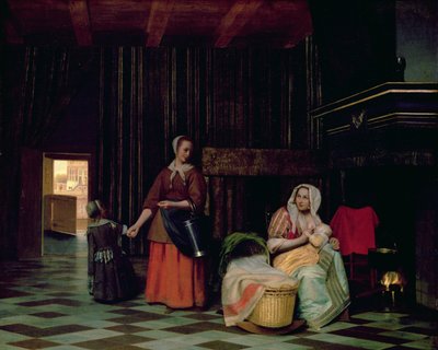 Vrouw met baby, dienstmeid met kind door Pieter de Hooch