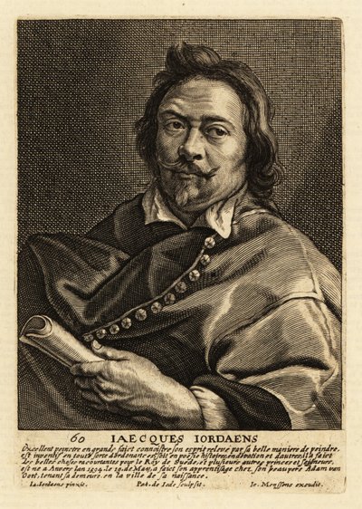 Portret van Jacques Jordaens, Vlaamse schilder, tekenaar en tapijtontwerper bekend om zijn historiestukken, genrescènes en portretten door Pieter de II Jode
