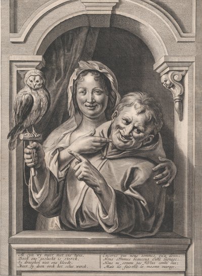 Een dwaas met een uil en een vrouw bij een raam door Pieter de Jode II