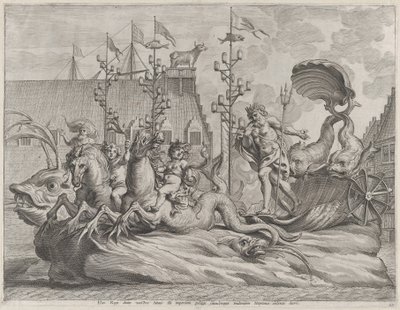 Philip van Spanje als Neptunus, rijdend in een wagen getrokken door twee zeepaarden, 1636 door Pieter de Jode II