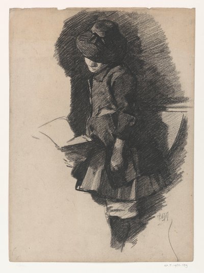 Staand meisje met hoed, kijkend in een boek door Pieter de Josselin