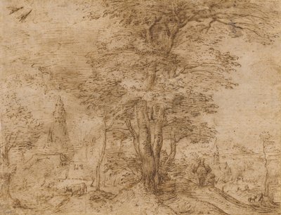 Een dorp met een groep bomen en een muilezel, ca. 1552-54 door Pieter Bruegel the Elder