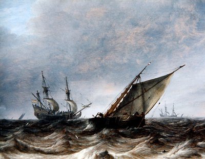 Een Smalschip en een Oorlogsschip in Woelige Zee door Pieter the Elder Mulier