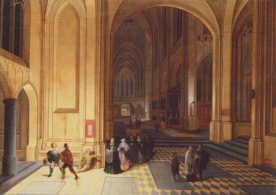 Interieur van een kathedraal met een bedelaar en andere figuren door Pieter the Elder Neeffs