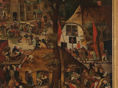 Een Dorpsfeest, Met een Theatervoorstelling en een Processie ter Ere van St Hubert en St Anthony door Pieter Brueghel the Younger