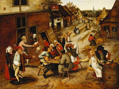Boeren die Feesten Buiten de Zwaan Herberg in een Dorpsstraat, 1630 door Pieter Brueghel the Younger