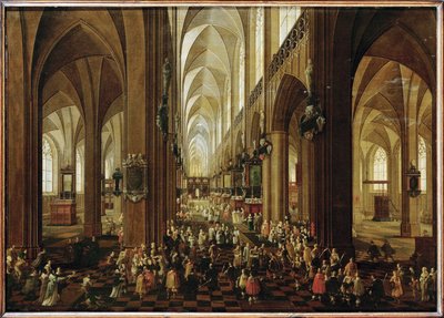 Interieur van de Notre Dame van Antwerpen, Aartshertog Leopold Wilhelm ontvangen door het kapittel (schilderij op eikenhout) door Pieter the Younger Neefs