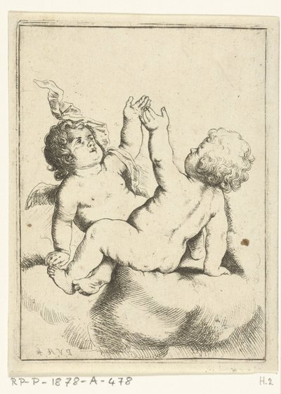 Een engel en een kind op een wolk door Pieter van Avont