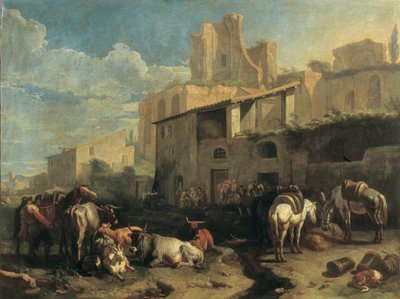 Reizigers en verschillende dieren stoppen voor een herberg met Romeinse ruïnes op de achtergrond door Pieter van Bloemen
