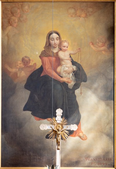 Binnenaanzicht, schilderij "Onze Lieve Vrouw met Kind met Rozenkrans", altaarstuk op het hoofdaltaar door Pierre Van Hanselaere door Pieter van Hanselaere