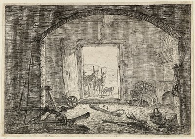 Ezels voor de deur van een stal door Pieter van Laer