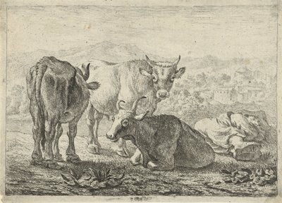 German: Drei Rinder und ein schlafender Hirte
French: Les boeufs
Dutch: Drie runderen en een slapende herder door Pieter van Laer