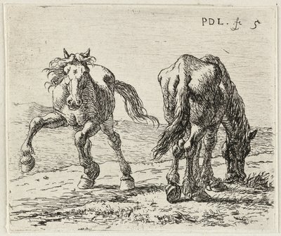German: Zwei Pferde auf einer Weide
French: Les deux chevaux au pâturage
Dutch: Twee paarden in een weide door Pieter van Laer