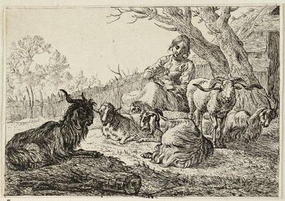 Sheperdess tussen geiten en schapen door Pieter van Laer