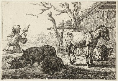 Varkens en ezels bij een stal, links een vrouw-spinner door Pieter van Laer