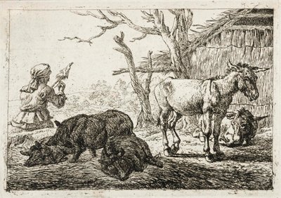 Varkens en ezels bij een stal, links een vrouw-spinner door Pieter van Laer