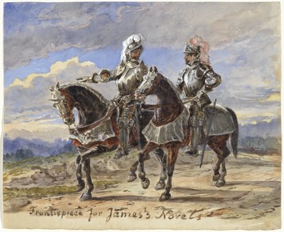 Twee ridders te paard in een landschap door Pieter van Loon