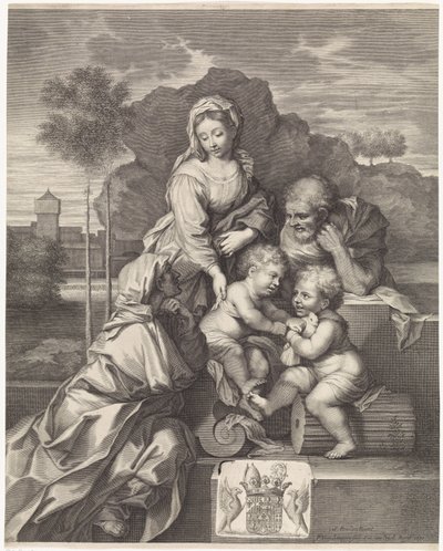 Heilige familie met Elisabet en Johannes de Doper door Pieter van Schuppen