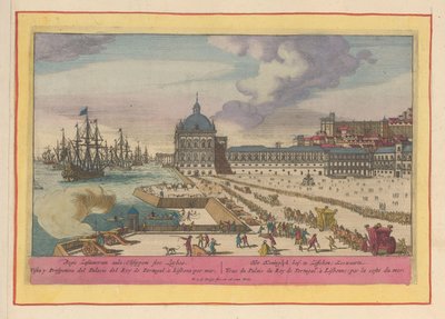 Gezicht op het Koninklijk Paleis te Lissabon en het voorplein met mensen door Pieter van den Berge