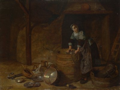 Een vrouw die een pot schrobt, ca. 1650-1660 door Pieter van den Bosch
