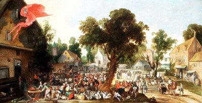 Boeren vieren een feestdag in een dorpsstraat door Pieter van der Hulst