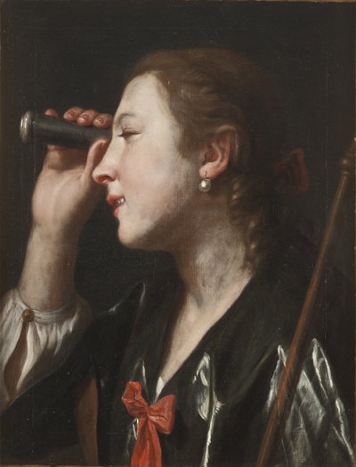 Meisje dat door een telescoop kijkt door Pietro Antonio Rotari