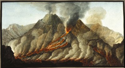 De uitbarstende Vesuvius. Deze gouache werd uitgevoerd door Pierre Fabris, op verzoek van Sir William Hamilton, Engels ambassadeur in Napels. Bibl. Braidense, Milaan door Pietro Fabris