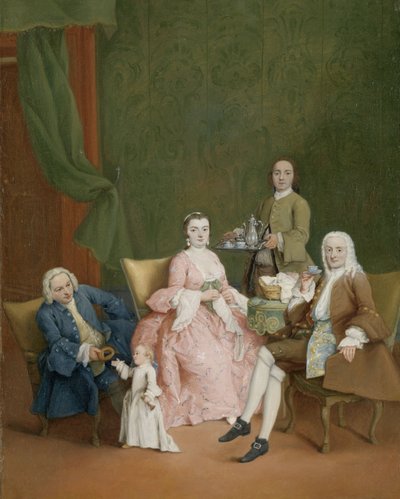 Portret van een Venetiaanse familie met een bediende die koffie serveert door Pietro Longhi