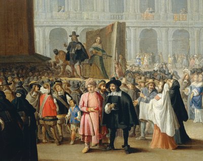 Voorstelling van komieken tijdens het carnaval op het San Marcoplein in Venetië, uit de school van Pietro Longhi, (detail) door Pietro Longhi