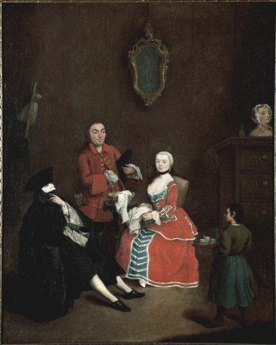 Het bezoek van het Bauta-masker (bautta) personage gekleed in het Venetiaanse kostuum bestaande uit de zwarte cape, de zwarte driekantige hoed en het witte masker. Schilderij door Pietro Longhi (1702-1785) circa 1760 Venetië, Ca