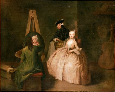 Het atelier van de schilder De schilder voor zijn ezel portretteert een jonge vrouw. Schilderij door Pietro Longhi (1702-1785) 1740-1745 Zon. 44x53 cm Venetië, Ca 