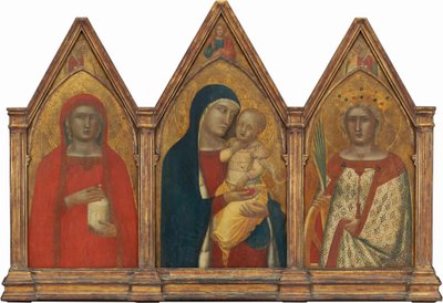 Madonna en kind met de zegenende Christus, en heiligen Maria Magdalena en Catharina van Alexandrië met engelen (gehele drieluik) door Pietro Lorenzetti