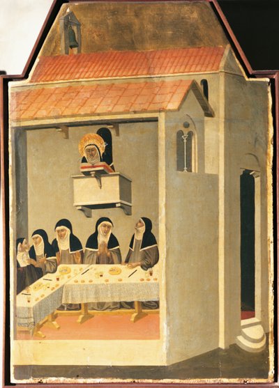 De gezegende nederigheid leest wonderbaarlijk in de refter van Santa Perpetua, tegel van het altaarstuk van de gezegende nederigheid door Pietro Lorenzetti