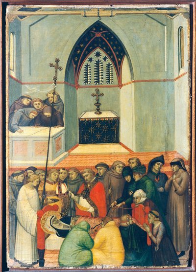 Het opgegraven lichaam van de gezegende wordt intact en vers gevonden, tegel op altaarstuk van de Gezegende Nederigheid door Pietro Lorenzetti