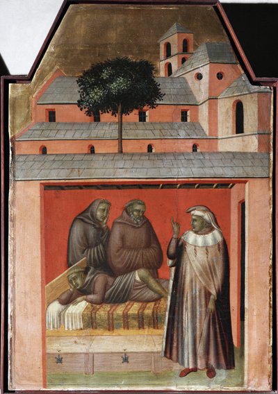 De heilige brengt stenen om een nieuw klooster te bouwen in Florence (detail) door Pietro Lorenzetti