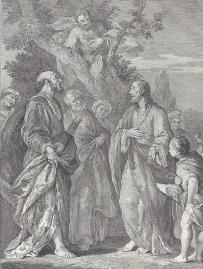 Bekering van Zacheüs, met Christus rechts die de belastinginner toespreekt, 1730-39 door Pietro Monaco