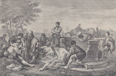 Jozef wordt door zijn broers in slavernij verkocht, die rond een put zitten en de buit verdelen door Pietro Monaco