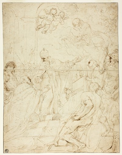 Heilige Verschijnt aan Heerser (recto); Vliegende Putto (verso) door Pietro Novelli